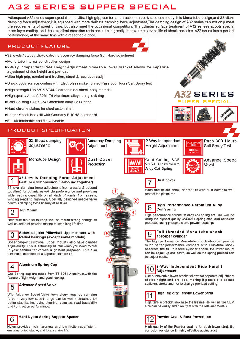 ADLERSPEED 32 Way Damping Adjust Coilover Lowering for Honda Civic Hatchback 17-21 (52mm)