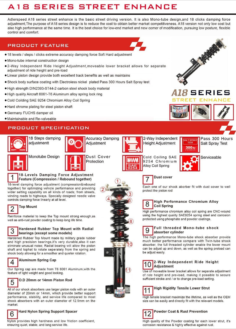 ADLERSPEED 18 Clicks Mono Tube Coilovers Suspension Kit for 2003-06 Subaru Baja Adj. Damper